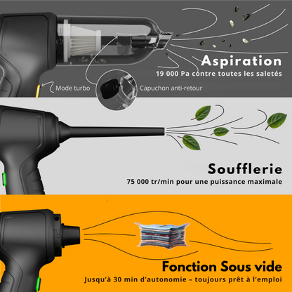 Turbotastic Pro ™ | Triple fonction : aspire, souffle et compresse en un seul geste